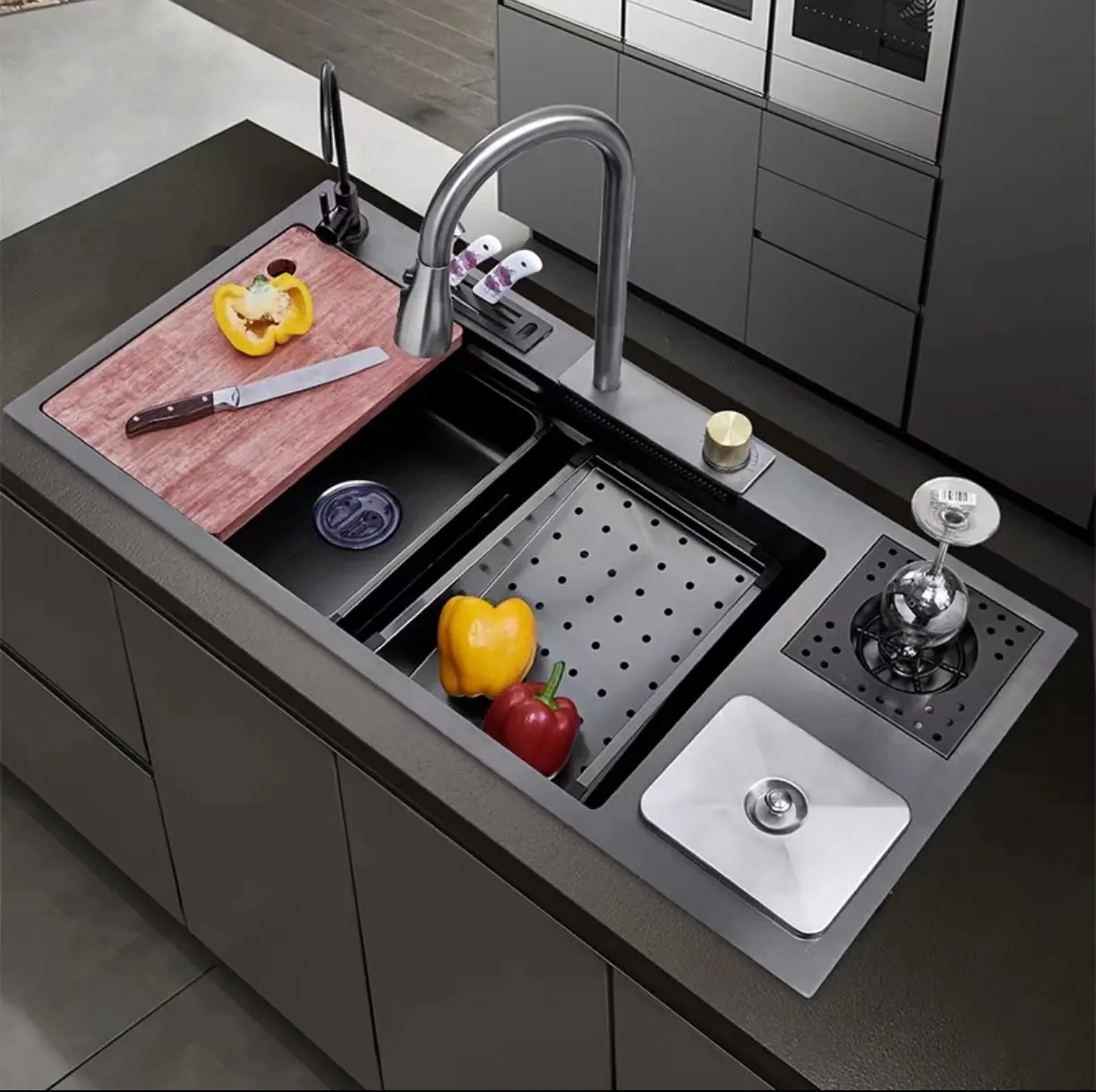 Lavatório Handmade Kitchen Undermount Sink Double Bowl Aço Inoxidável Preto Único Bowl com lata de lixo