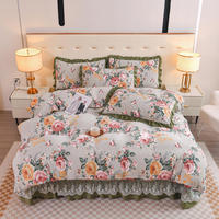 Juego de Ropa de Cama de 4 Piezas con Cubrecama de Terciopelo Lácteo y Volantes de Encaje de Doble Capa