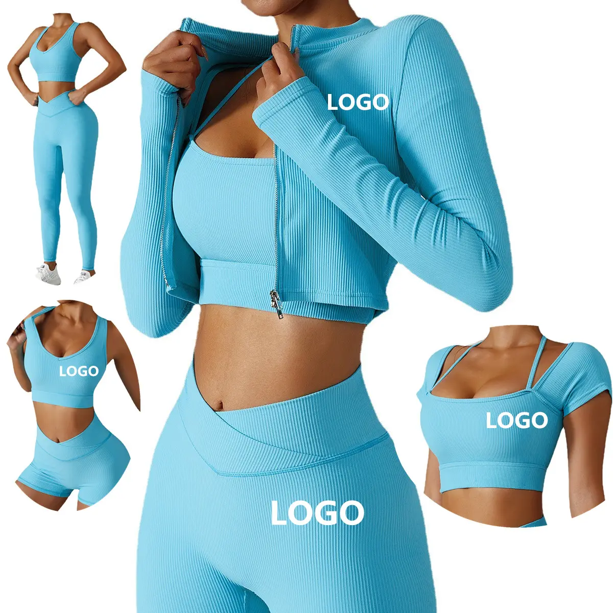 2022 Gym Clothes Crop Top Yoga Suit Tracksuits Jackets with Zipper 5pcs Yoga Set Activewear Sets For Women