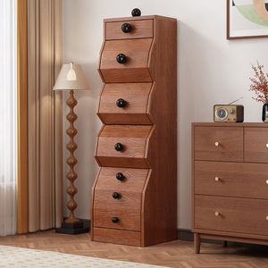 Armoire murale étroite vintage française en bois massif irrégulier à 5 tiroirs pour chambre à coucher, bout de canapé ou de lit - Product Image 1