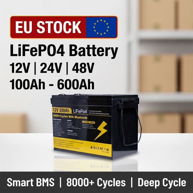 EU Stock 12V 200Ah LiFePO4 Battery Deep Cycle Lithium Battery with Smart BMS for Solar RV Marine