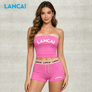 Lancai Y2k Custom Women's 2-piece Summer Set Screen Printing Tube Top Short with Shorts Loungewear Women Sets Manufacturer - Product Image 3