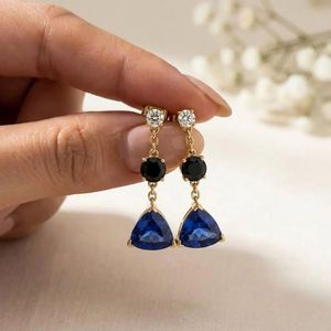 Blue Sapphire Trillion Cut <b>Earrings</b> with Black Obsidian Gemstone Drop Elegant CZ Accent <b>Dangle</b> <b>Earrings</b> in Handmade Fine Jewelry - Product Image 4
