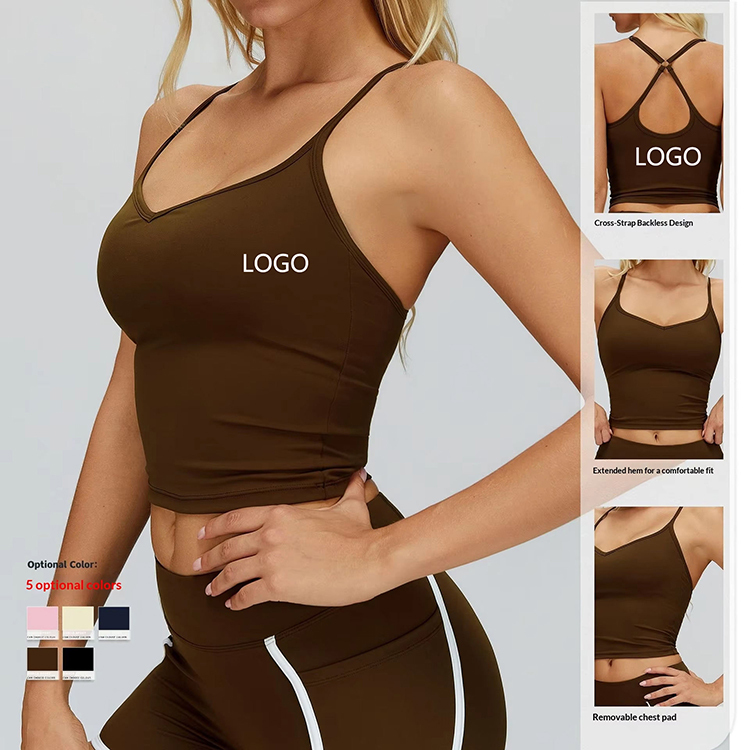 Nude Feel Cross Back Yoga Tank Top Quick Dry High Support Shockproof Sleeveless Tight Fit Gym Fitness Wear With Removable Pads