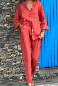 Completo da donna <span class=keywords><strong>in</strong></span> cotone e lino, 2 pezzi: camicia <span class=keywords><strong>con</strong></span> colletto alla coreana e maniche arrotolabili, <span class=keywords><strong>pantaloni</strong></span> a <span class=keywords><strong>vita</strong></span> elasticizzata, vestibilità ampia, all'ingrosso, casual estivo - Product Image 6