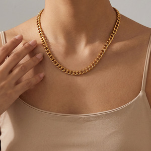 สร้อยคอแบบมินิมอล ขัดเงา สไตล์คิวบา ไม่ลอกสี ชุบทอง สแตนเลสสตีล ทันสมัย - Product Image 1