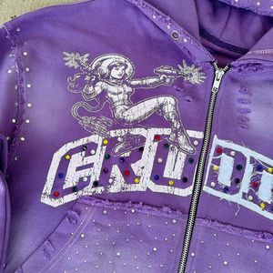 Custom Streetwear Rhinestone Pullover Hoody Jacket Print Oversized <b>French</b> Terry Heavyweight <b>Vintage</b> Acid Wash Distressed Hoodie - Product Image 4