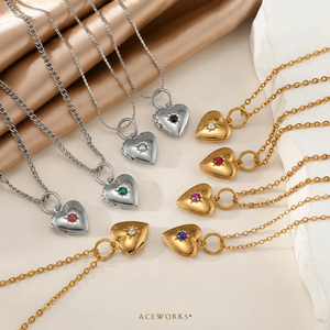 Birthstone Heart <b>Locket</b> Charm | 18K PVD Gold Plated Stainless Steel CZ Starburst Pendant -Waterproof Hypoallergenic Tarnish Free - Product Image 2