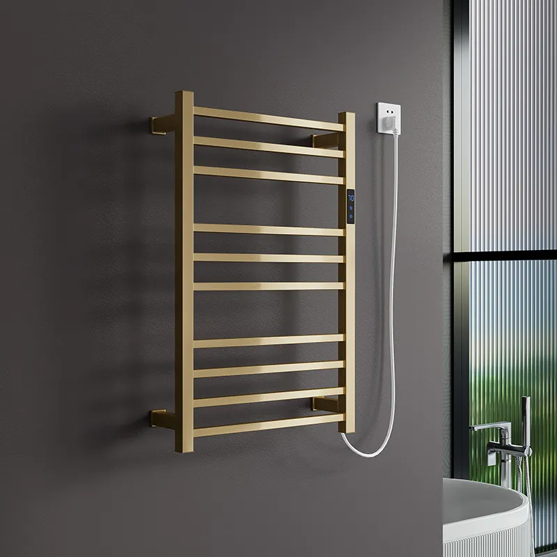 Porte-serviettes chauffant électrique en acier chromé pour salle de bain, porte-serviettes doré, contrôle de la température et du temps