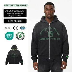 Sweat à capuche zippé intégral pour homme, style streetwear, imprimé squelette, écologique, étiquette personnalisée, 100 % coton, lettres brodées en strass - Product Image 1