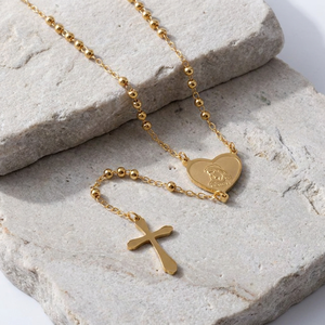Collana Lunga <span class=keywords><strong>Rosario</strong></span> Cattolico con Perline in Acciaio Inossidabile Dorato e Cuore della Vergine Maria - Product Image 2