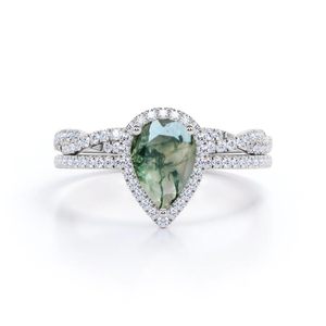 Shama Gems 1.5 Carat Pear Cut Moss Agate Bridal <b>Set</b> 925 Sterling <b>Silver</b> White Gold Plated Engraved Classic <b>Ring</b> - Product Image 4