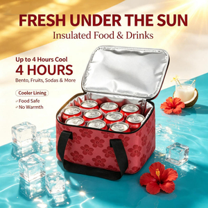 Custom Print Hawaii Red Flower Design Reusable Cooler Tote Beach Picnic Portable <b>Insulated</b> <b>Lunch</b> <b>Box</b> with Short Handles - Product Image 1