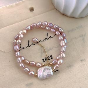 Collar de Perlas Barrocas Naturales de Forma Cuadrada para Mujer, Estilo Retro Francés, Rosa Púrpura Súper Suave - Product Image 2