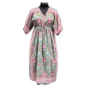 Women's Floral Printed Cotton Kaftan Maxi <b>Dress</b> <b>Boho</b> Lounge <b>Summer</b> Autumn Breathable A-Line Relaxed Fit V-Neck XXS - Product Image 2
