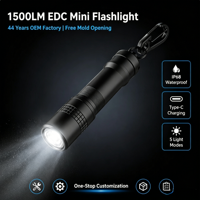 Mini lampe torche haute puissance 1500 lumens en alliage d'aluminium, rechargeable par Type-C, étanche IP65, faisceau réglable, portée 200-300M, EDC