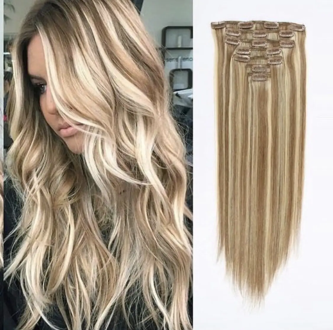 Blonde color straight100%real Russian Human hair Remy virgin High-End Double Drawn Natural Seamless Laced Clip In Hair Extension