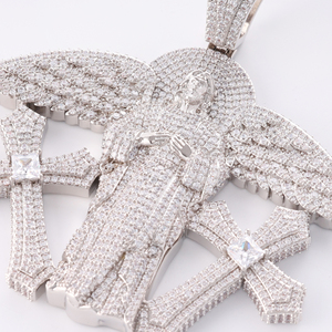 Collana Trendy Hip Hop con Grande Ciondolo a Croce d'Angelo <span class=keywords><strong>in</strong></span> Ottone Placcato <span class=keywords><strong>Argento</strong></span> con Ali e Zirconi 5A Iced Out, con Catena Tennis - Product Image 5