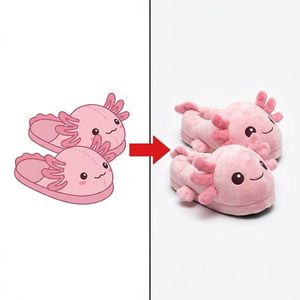 Pantuflas de Casa Personalizadas de Peluche Rosa con Diseño de Axolotl, Detalles de Quillas Externas, Estilo de Dibujos Animados Acuáticos, Diseño de Calzado de Casa con Anfibio - Product Image 1
