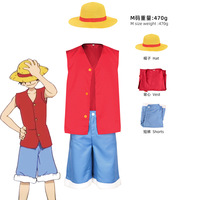 Disfraz de Luffy Estilo Pirata de Anime Japonés, Conjunto Completo con Sombrero de Paja, Chaleco Rojo sin Mangas y Pantalones Cortos Azules para Fiestas y Juegos de Rol