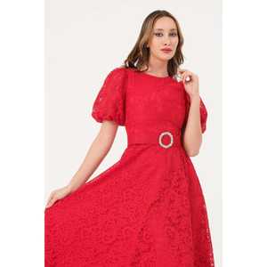 Vestido de encaje para mujer talla grande, corte en A, cuello redondo, cintura natural, estilo vintage, color polvo - Product Image 5