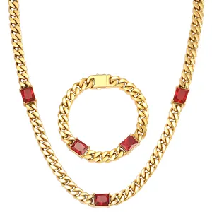OUMI Jewelry Stock Sale 8/10/12/14mm Stainless Steel Cuban link 18K Gold Plated Chain Red Stone Cuban Chain Necklace