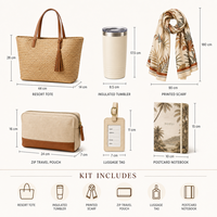 Kit de bienvenue personnalisé pour les voyages en resort, comprenant un sac fourre-tout, un gobelet isotherme, une écharpe, une pochette, une étiquette de bagage et un carnet