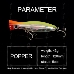 Leurre de pêche en plastique pour eau de surface 43g 120mm, Popper, Crankbait, Leurre dur artificiel avec hameçon pour Black-bass, Perche, Truite, Requin, en eau salée et en rivière - Product Image 2