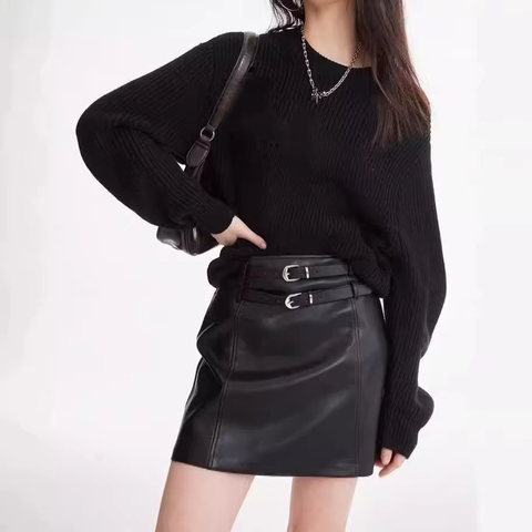 Fashion Design Solid Color Slim Elegant Dual Belt Real Leather Skirt Short for Women