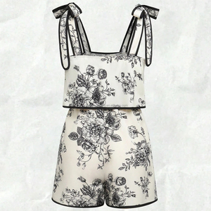 Ensemble personnalisé <span class=keywords><strong>de</strong></span> camisole et short à fleurs noir et blanc pour femmes, vêtements <span class=keywords><strong>de</strong></span> <span class=keywords><strong>plage</strong></span> et <span class=keywords><strong>de</strong></span> vacances - Product Image 4