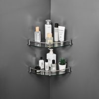 Étagère d'angle en verre en acier inoxydable, simple/double niveau, murale, réglable, gain de place, rangement pour salon et salle de bain