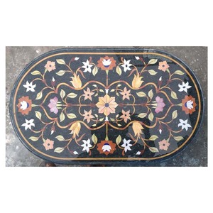 Plateau de Table à manger ovale en marbre noir, avec incrustation de marbre - Product Image 1