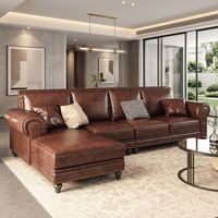 Ensemble de canapé d'angle Bardon de style américain avec chaise longue, en cuir véritable pleine fleur huilé et ciré marron vintage pour salon