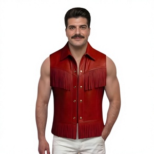 Nuevo Chaleco de Cuero Rojo Personalizado para Hombre con Flecos, Cuello Vuelto, Cierre de un Solo Botón, Prenda Exterior Informal para Otoño - Product Image 4