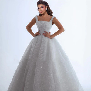 White Ball Gown Wedding Dress Square Neckline Tulle Backless Lace Princess Style Bridal Gown JM369 - Product Image 3