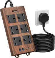 Multiprise avec port USB, finition bois, 6 prises, protection contre les surtensions, 13A/3250W, câble d'extension 2M