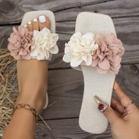 Sandales plates à fleurs pour femmes, tongs en tissu de lin, décor floral 3D, pantoufles à lanières, chaussures d'été bohèmes pour la plage