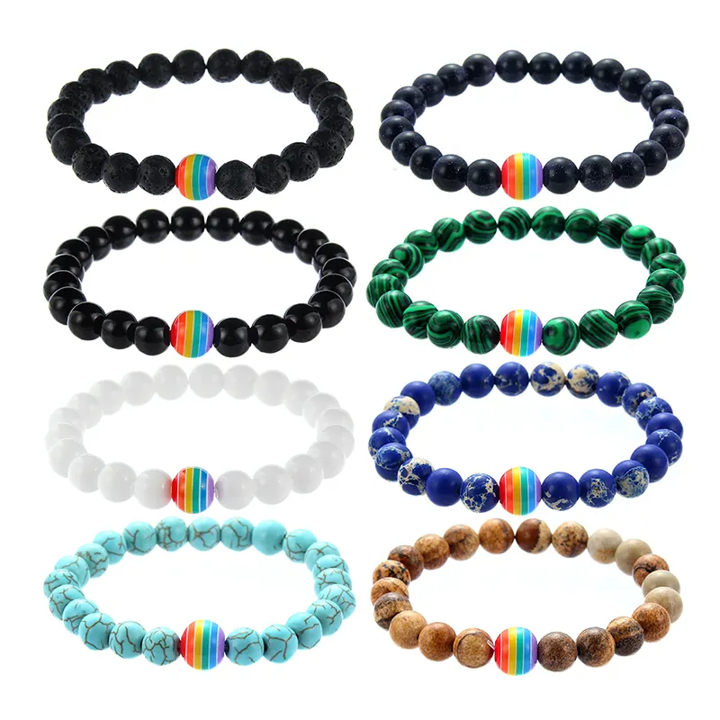 Regenbogen Armband für Frauen und Männer 8mm Natürliche Stein LGBT Stolz Strang Paar Armbänder Handgemachten Schmuck