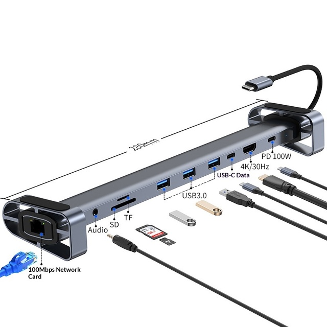 10-in-1 Type-C Hub Converter USB3.0 HD Card Reader, Audio, Ethernet Interface, Laptop Multi-function Docking Station Bracket