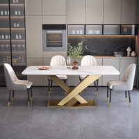 Ensemble table à manger moderne de luxe en acier au carbone, dessus en pierre de marbre, meubles de luxe stables pour villa, maison, appartement, hôtel et restaurant