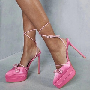 Sandales à plateforme pour femmes en satin avec nœud et lacets, talons aiguilles fins et hauts, bout pointu, escarpins sexy, chaussures d'été pour femmes - Product Image 1