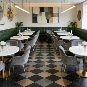 Muebles de Restaurante Modernos de Mediados de Siglo, Banqueta de Cuero Verde a Rayas y Sillas de Terciopelo Gris con Mesa de Piedra para Cafetería - Product Image 5