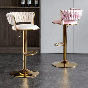 Factory Hot Sell Height Adjustable Modern Luxury Bar Furniture Green Velvet Swivel <b>Pink</b> Bar Stool for Kitchen with Gold Leg - Product Image 1