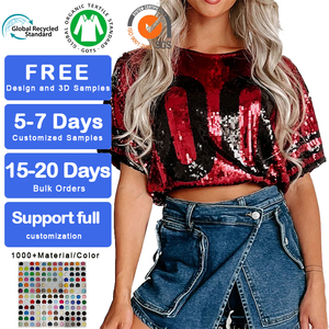 Haut en jersey à paillettes brillantes personnalisé pour jeunes filles, crop top court avec manches bouffantes rayées scintillantes, t-shirt de cheerleader - Product Image 1