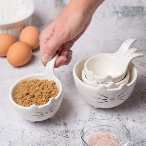 Tazas de cerámica blanca para gatos, juego de tazas de medición hechas a mano en forma de porcelana, cuencos de medición a granel - Product Image 5