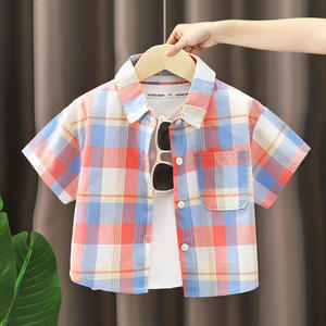 <span class=keywords><strong>Chemise</strong></span> pour enfants en coton fin printemps-été 2025, <span class=keywords><strong>chemise</strong></span> à manches courtes à carreaux pour bébé garçon, col à revers, style décontracté, petite taille - Product Image 1