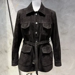 Veste en daim à simple boutonnage pour <span class=keywords><strong>femme</strong></span>, manteau en daim avec <span class=keywords><strong>ceinture</strong></span>, veste en daim <span class=keywords><strong>noire</strong></span> oversize pour <span class=keywords><strong>femme</strong></span> - Product Image 1