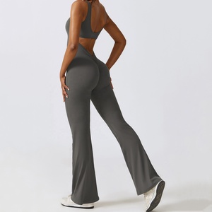 Tuta da yoga da donna a gamba lunga, morbida, ad asciugatura rapida, con schiena arricciata e scollo a V, body sportivo - Product Image 5