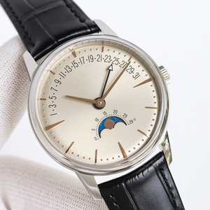 Montre élégante de qualité supérieure avec fonction phases de lune, boîtier en acier inoxydable blanc, bracelet en <span class=keywords><strong>cuir</strong></span> véritable, unisexe, mode sport, résistante à l'eau - Product Image 2