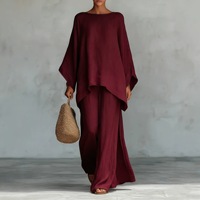 Produsen Grosir Set Linen Campuran Wanita Desain Kustom OEM ODM, Atasan Kaos Musim Panas Celana Kaki Lebar Model Longgar Pakaian Kasual